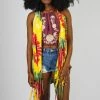 Lakhays Rasta Swirls Tie-Dye Fringed Waterfall Vest With Beads Tops & Tees