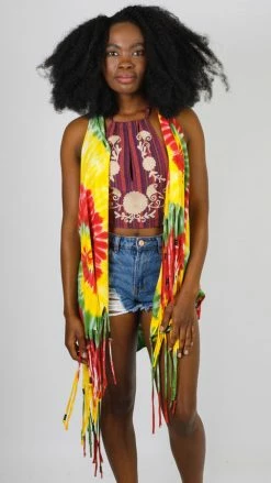 Lakhays Rasta Swirls Tie-Dye Fringed Waterfall Vest With Beads Tops & Tees