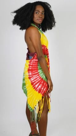 Lakhays Rasta Swirls Tie-Dye Fringed Waterfall Vest With Beads Tops & Tees