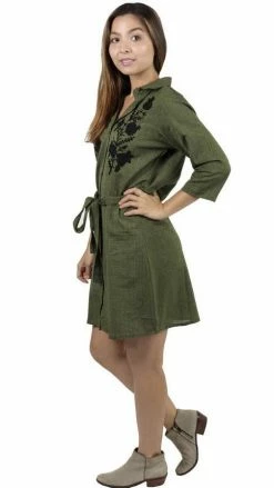 Lakhays Women's Wildflower Cotton Flower Embroidery Everyday Casual Shirt Dress- Dresses