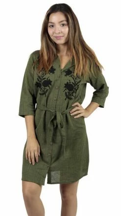 Lakhays Women's Wildflower Cotton Flower Embroidery Everyday Casual Shirt Dress- Dresses