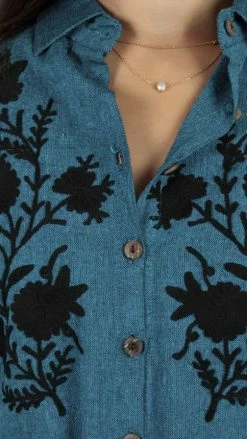 Lakhays Women's Wildflower Cotton Flower Embroidery Everyday Casual Shirt Dress- Dresses