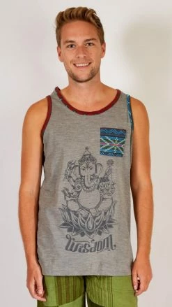 Lakhays Men's Grey Sleeveless Ganeshia Muscle Yoga Beach Top W/Pocket