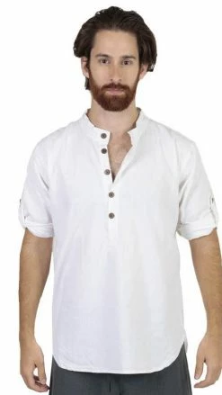 Lakhays Shirts Men's Cotton Mandarin Collar Roll Up Sleeve Button Shirt