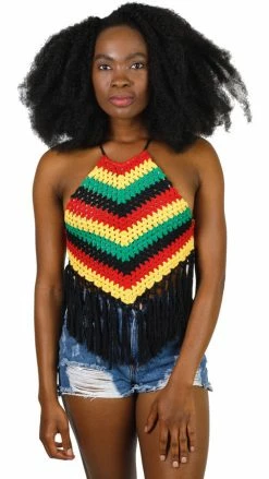 Lakhays Crochet Rasta Crop Top With Fringe