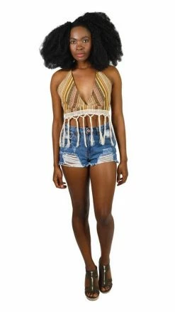 Lakhays Crochet Tops Gheri Safari Tasseled V-Neck Halter