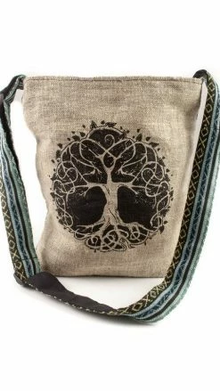 Lakhays Tree Of Life Canvas Crossbody Sling Purse With Tranquil Boho Stripes, Made With Hemp And Cotton, Great For Festivals, Beach, Everyday Wear & More
