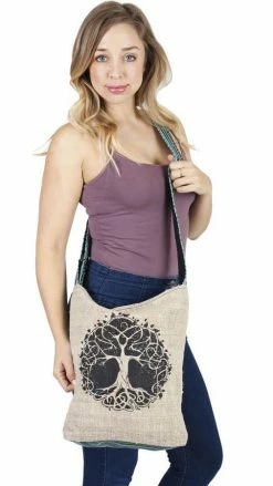 Lakhays Tree Of Life Canvas Crossbody Sling Purse With Tranquil Boho Stripes, Made With Hemp And Cotton, Great For Festivals, Beach, Everyday Wear & More